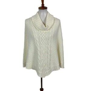 J J Basics Cream Cable Knit Cowl Neck Poncho One Size Cozy Boho Chunky Sweater